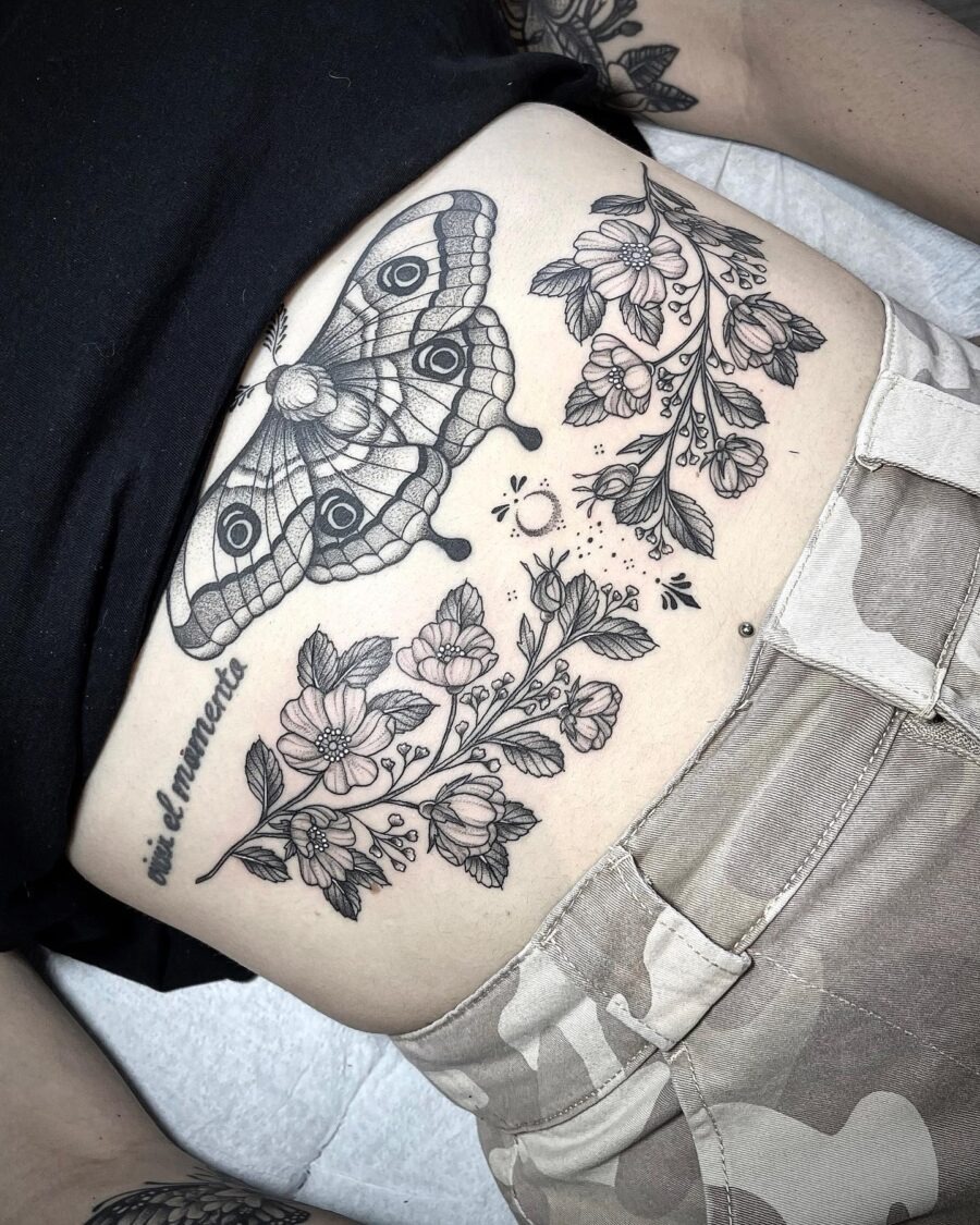 Intricate Moth and Floral Stomach Tattoo Tattoo Design