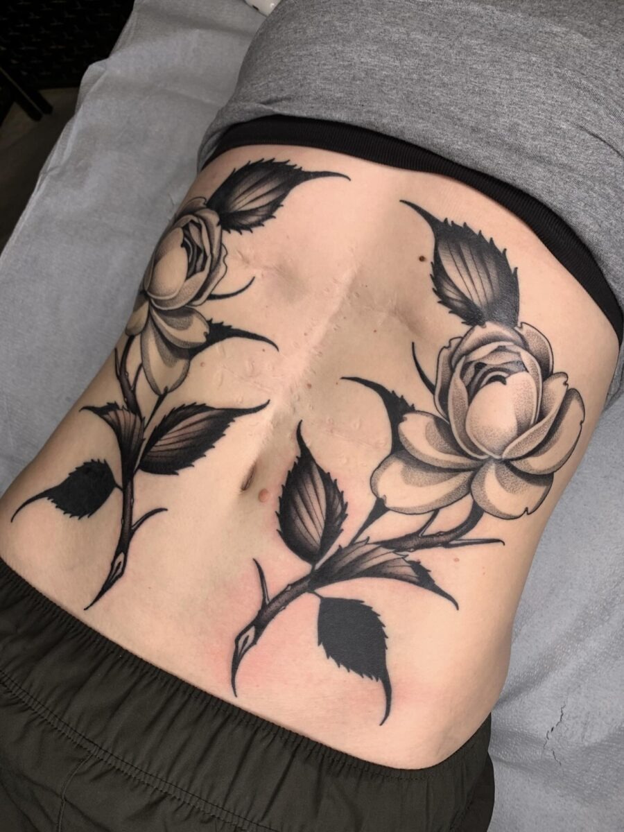 Stunning black and gray rose tattoos on stomach Tattoo Design
