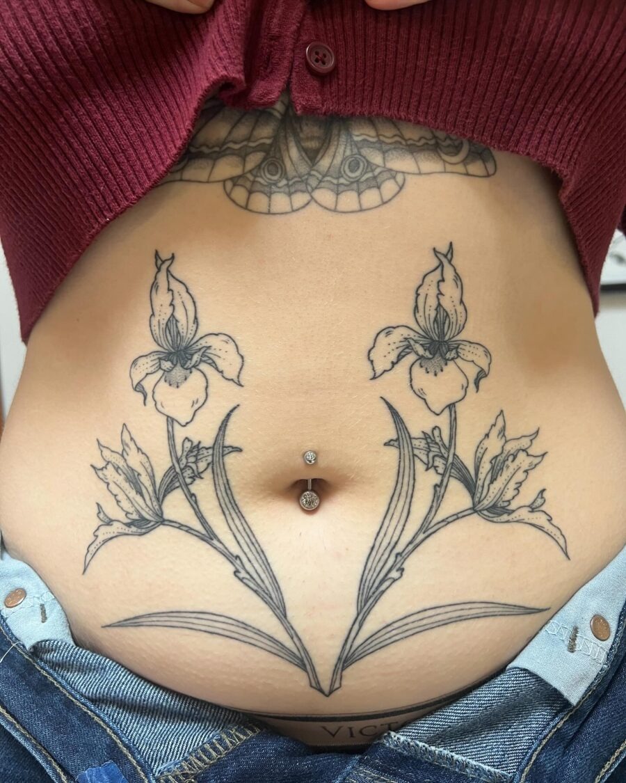 Stunning floral stomach tattoo with belly ring Tattoo Design