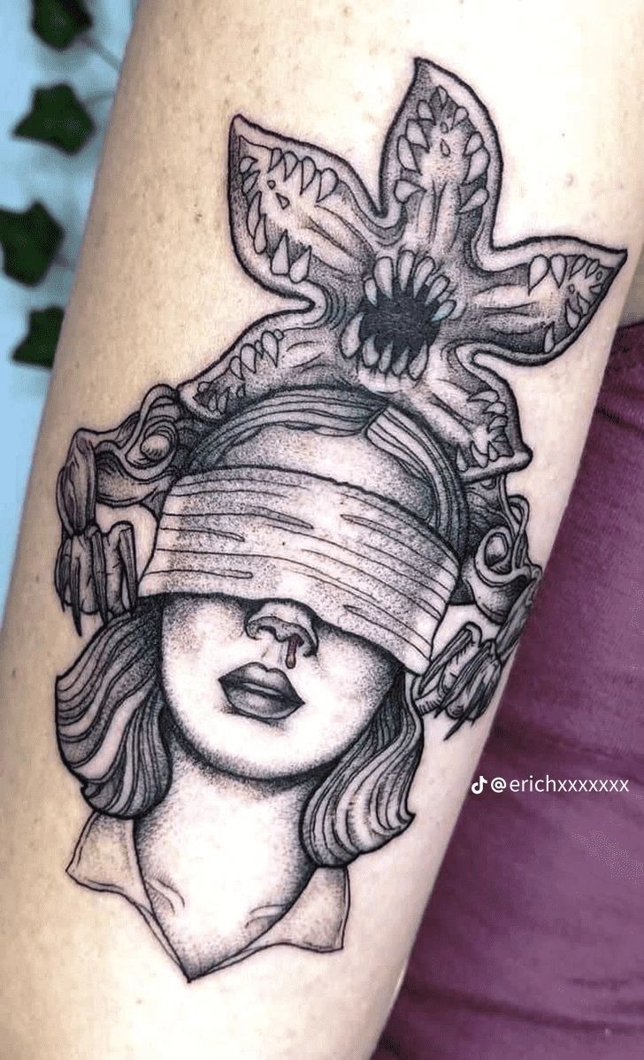 Blindfolded Eleven with Demogorgon Crown Tattoo Design