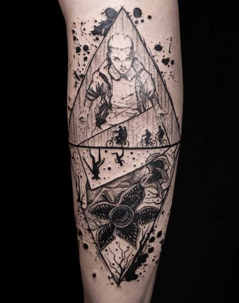 Eleven vs Demogorgon Split World Design Tattoo Design