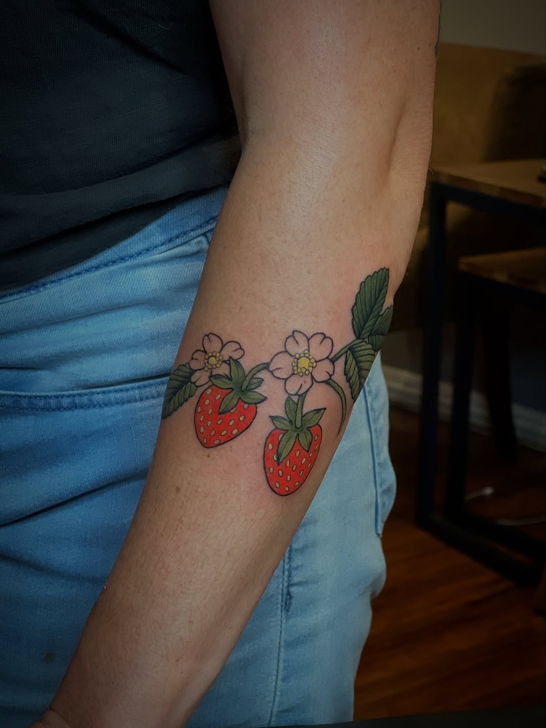 Colorful Strawberry Tattoo with Floral Touch Tattoo Design