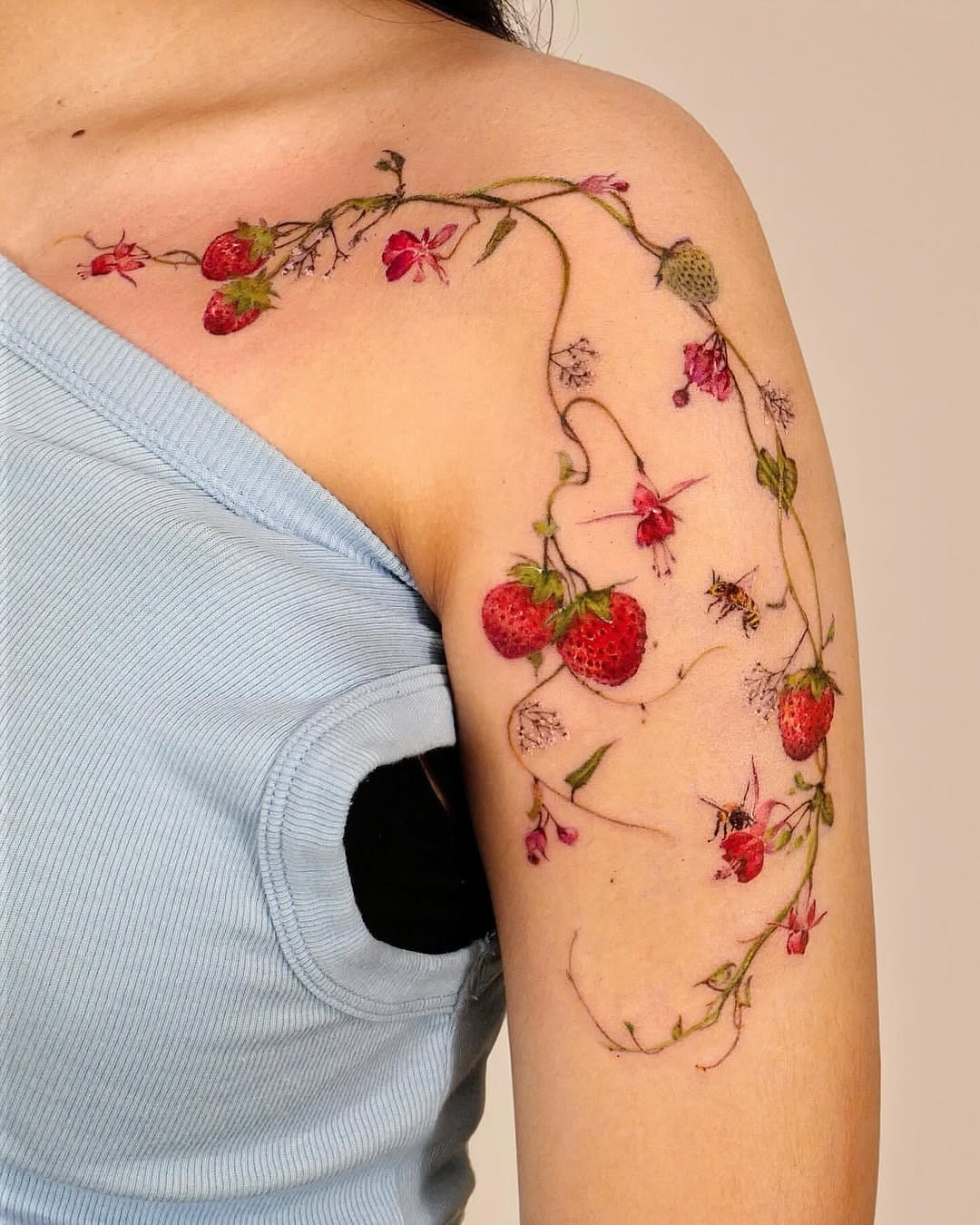 Stylish Strawberry Floral Tattoo Design on Shoulder Tattoo Design