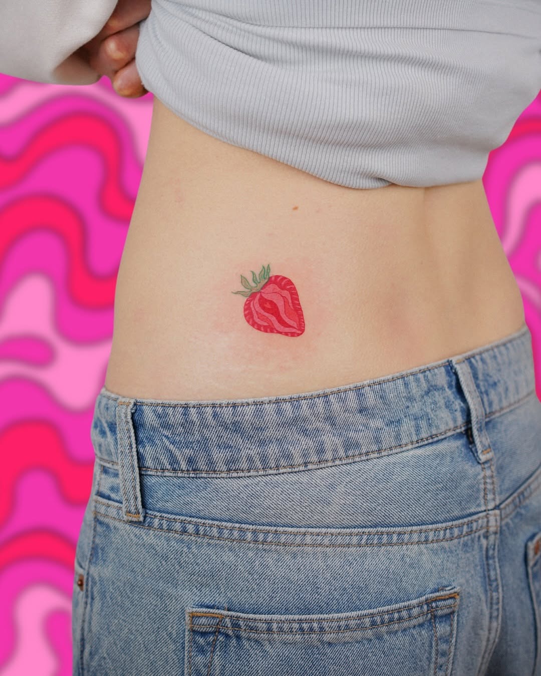 Vibrant Strawberry Tattoo on Side Waist Tattoo Design