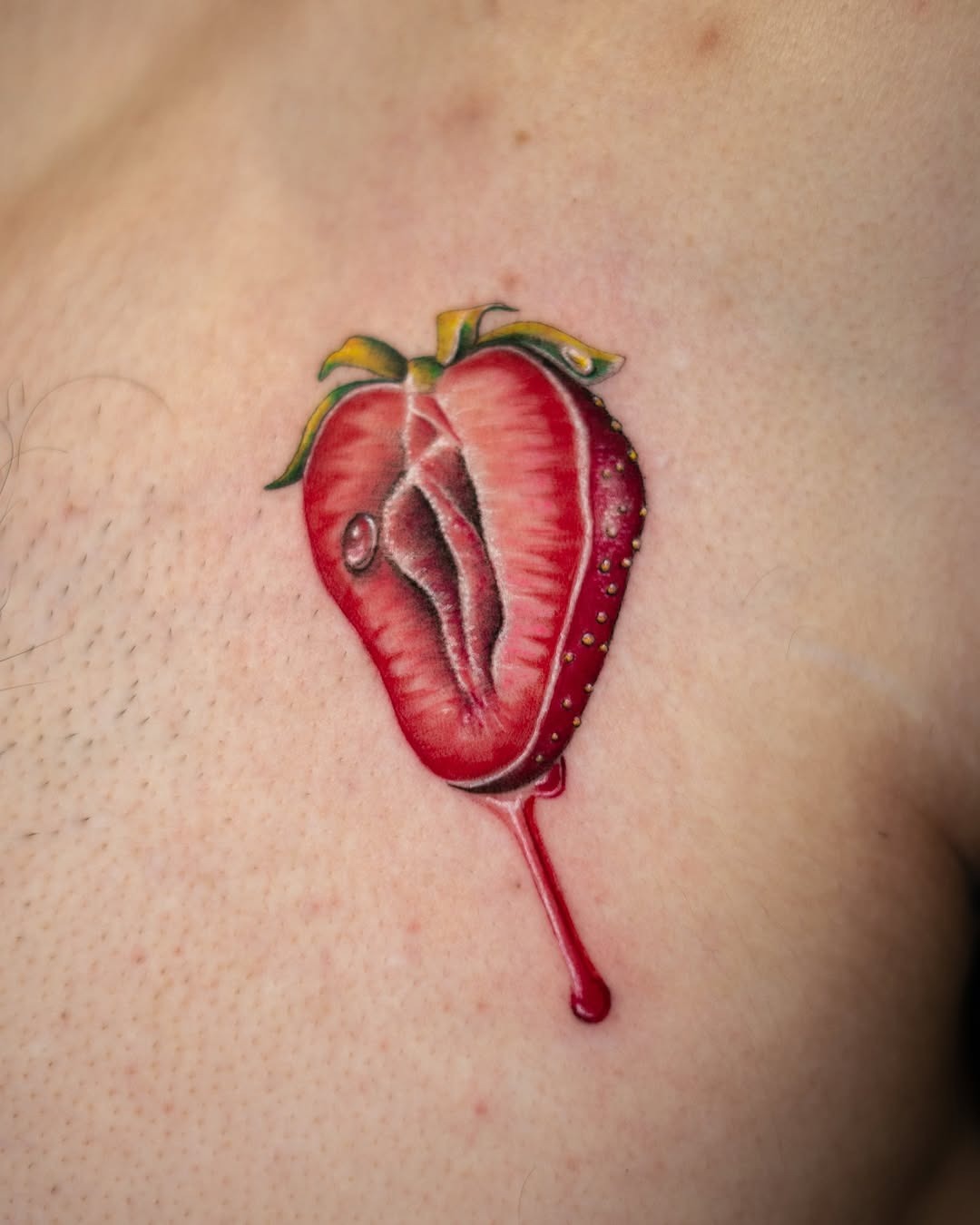 Vibrant Strawberry Tattoo with Juicy Details Tattoo Design