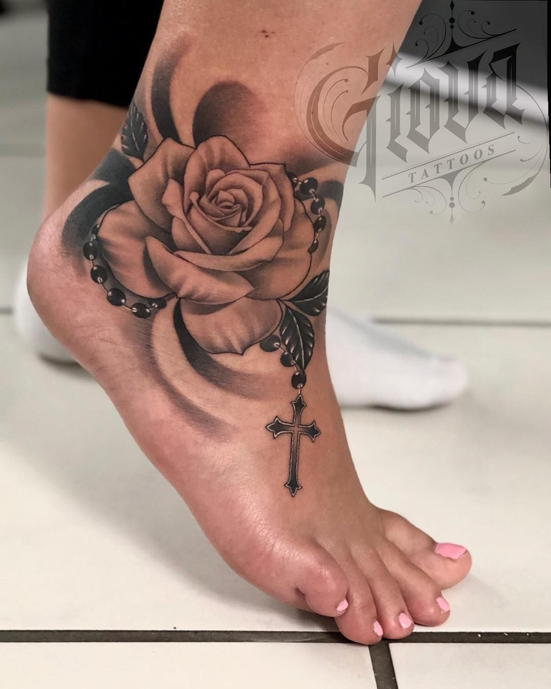 Rosary and Rose Foot Tattoo With Faith Tattoo Design