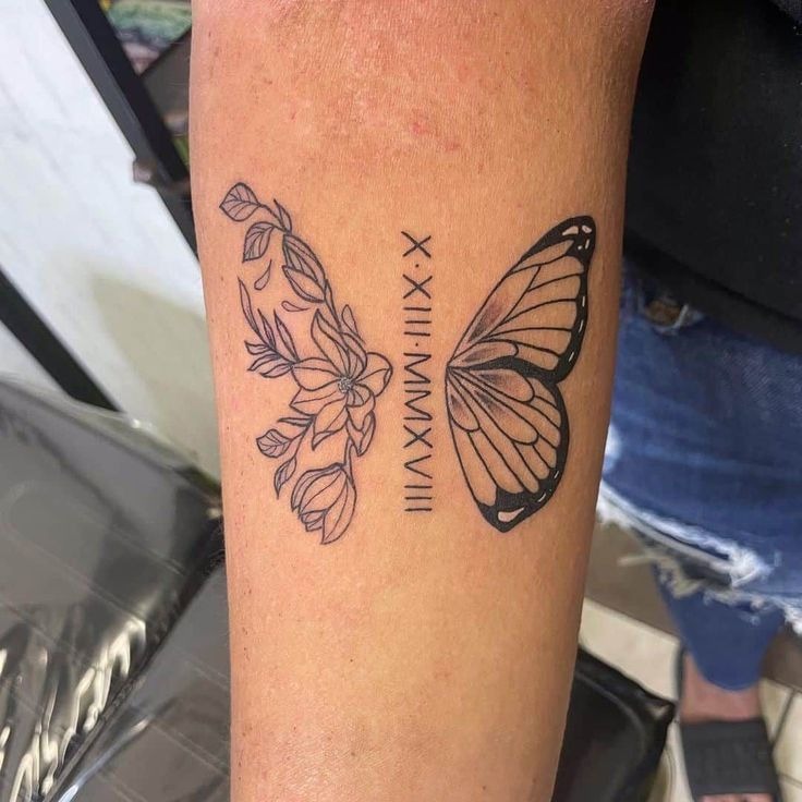 Butterfly, Flowers, and Roman Numeral Date Tattoo Design