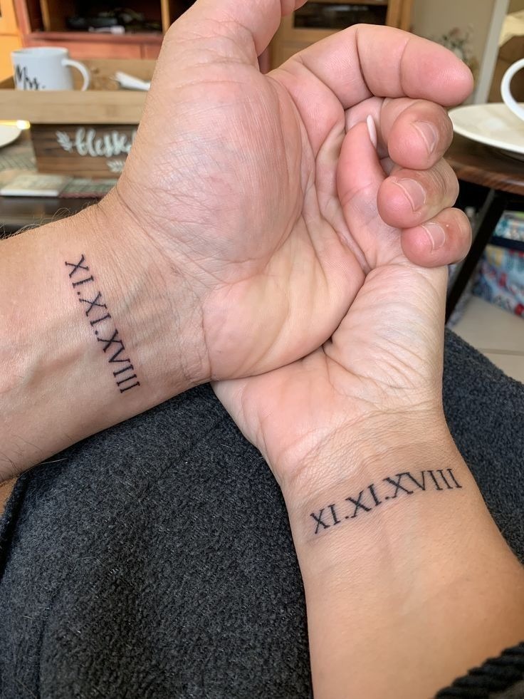 Matching Roman Numeral Wrist Dates Tattoo Design