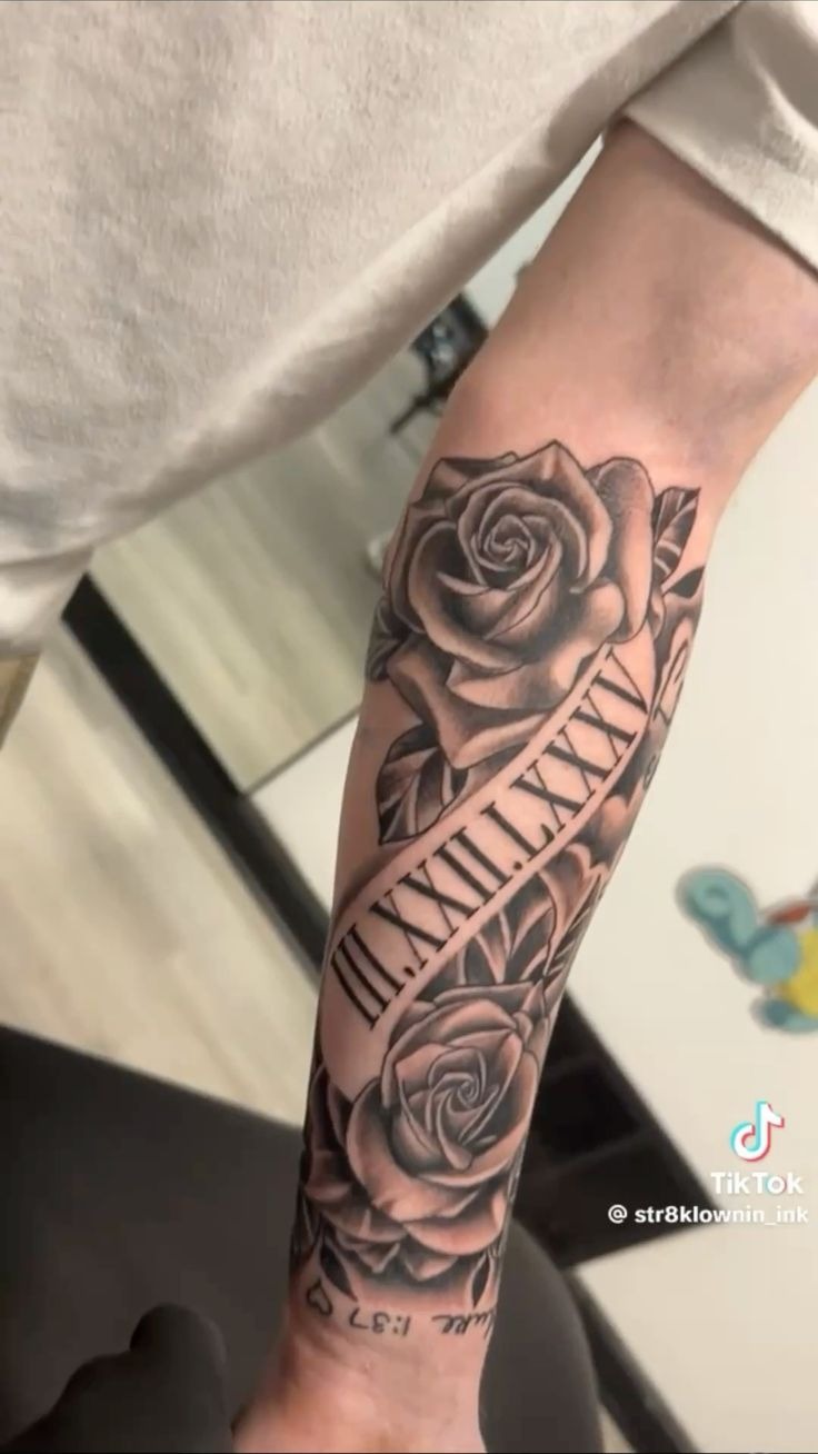 Roman Numeral Banner with Black-and-Gray Roses Tattoo Design