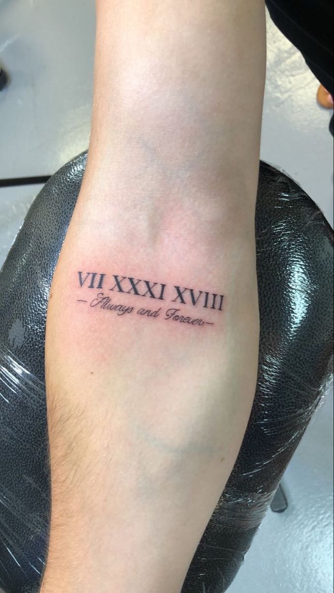 Roman Numeral Date with Always and Forever Script Tattoo Design