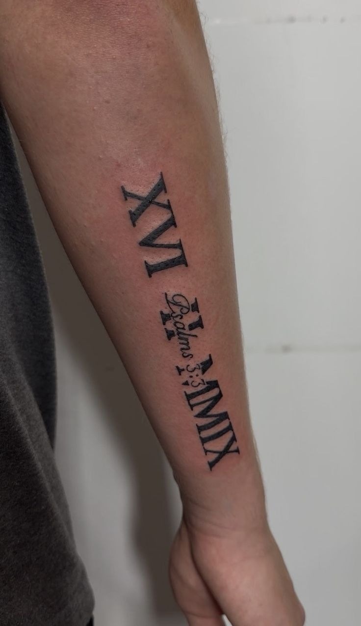 Roman Numerals with a Meaningful Scripture Detail Tattoo Design