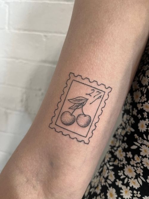 Cherry Minimal Post Stamp Tattoo Design