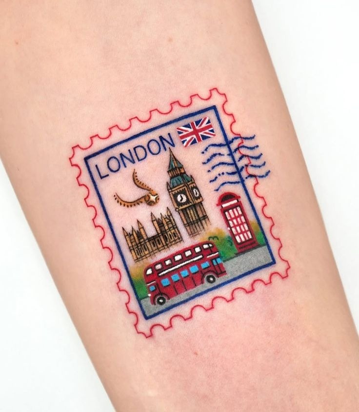 London Colorful Travel Stamp Tattoo Design