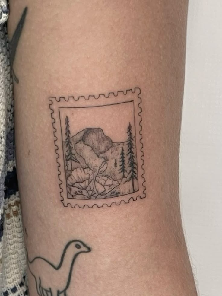 Mountain Landscape Post Stamp Tattoo Design