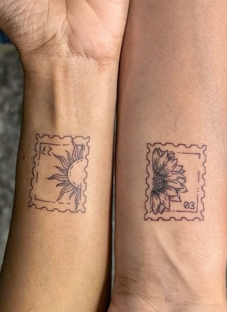 Sun and Flower Matching Post Stamp s Tattoo Design