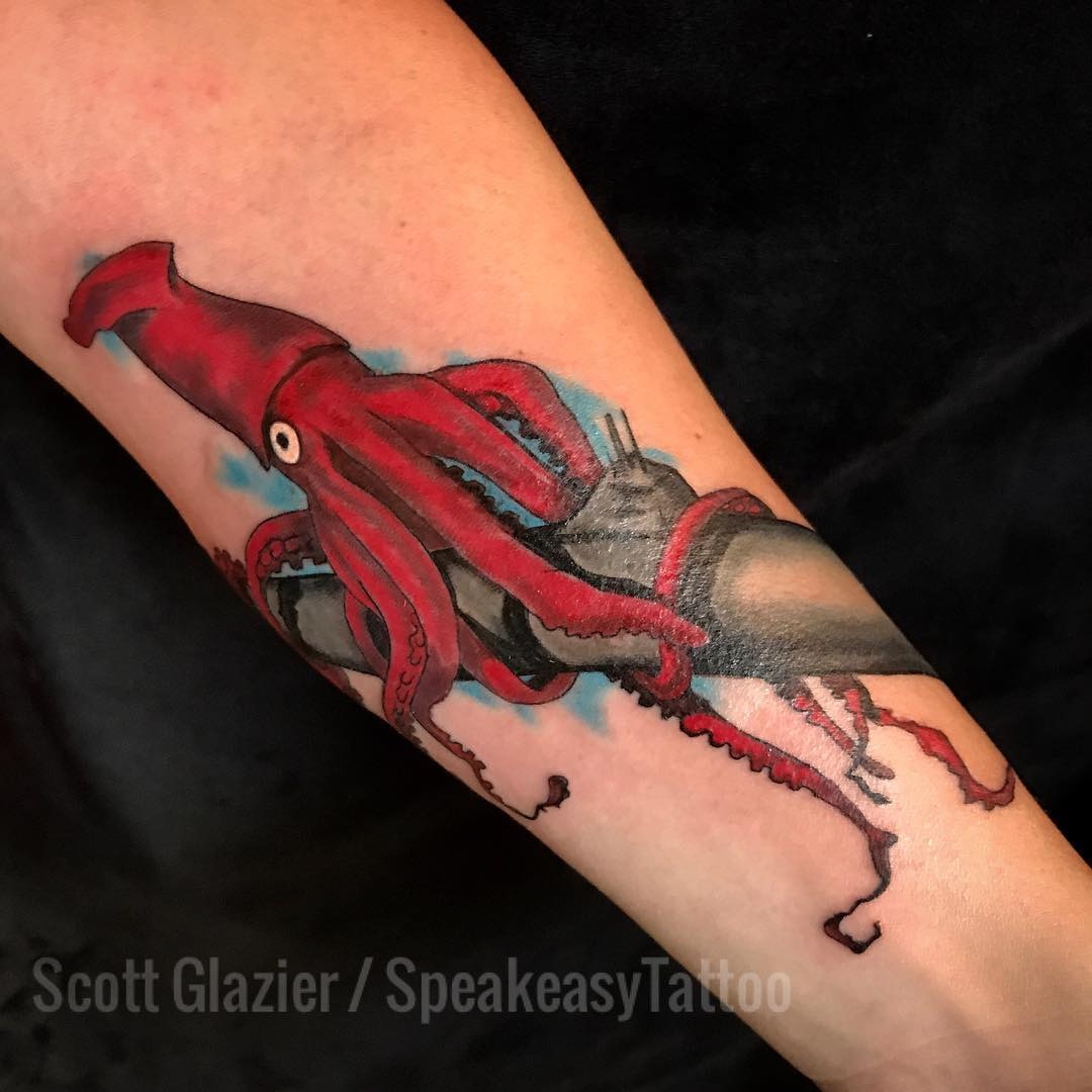 Bold submarine tattoo with vivid octopus design Tattoo Design