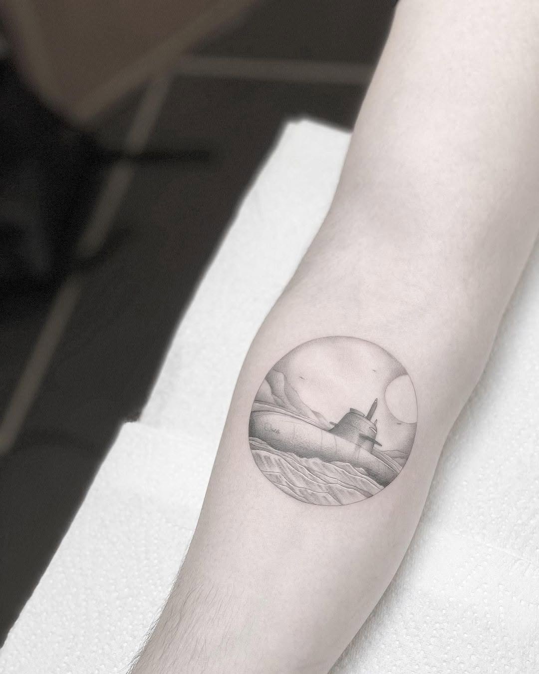 Intricate submarine tattoo in monochrome style Tattoo Design