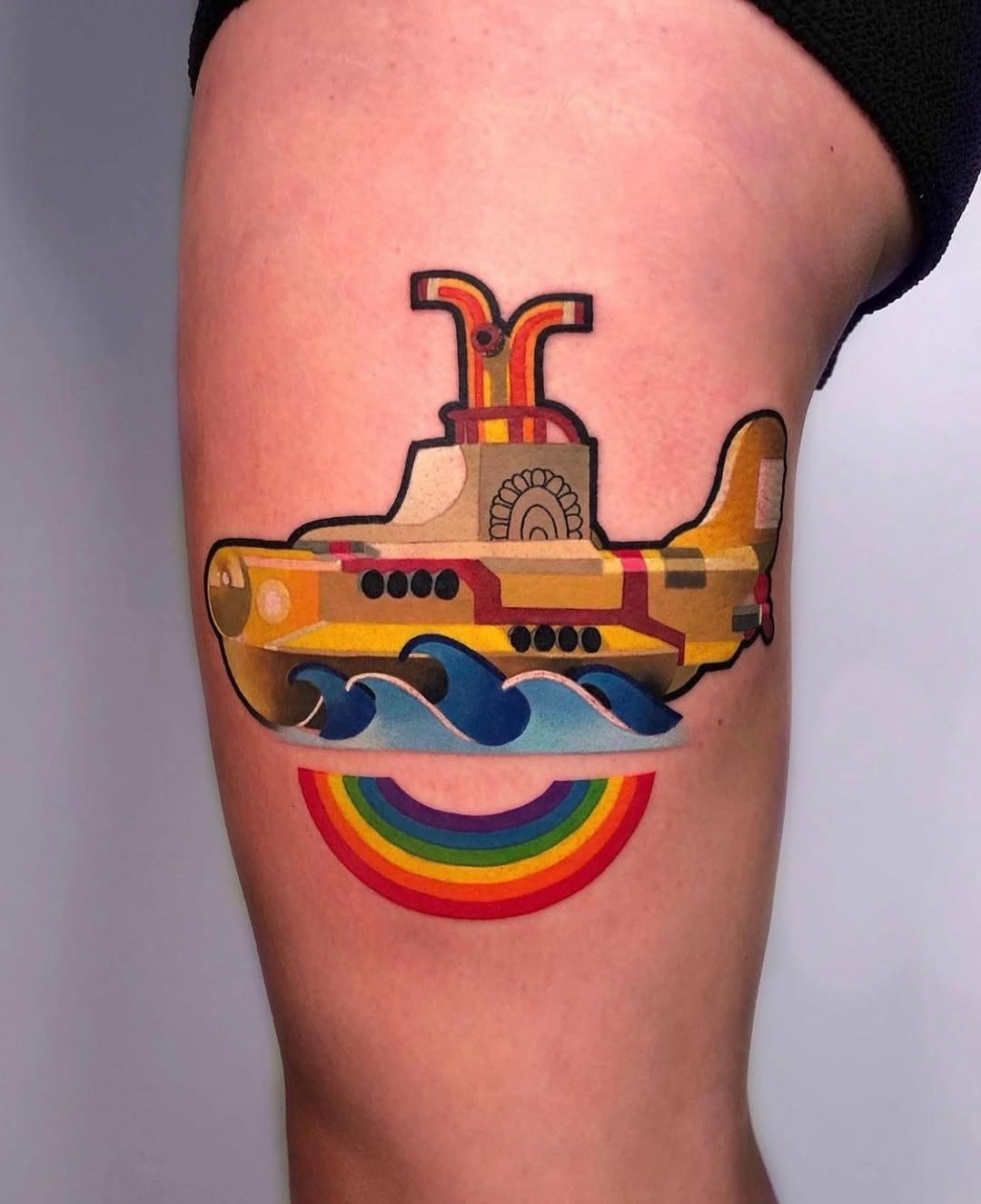Vibrant submarine tattoo with rainbow waves Tattoo Design