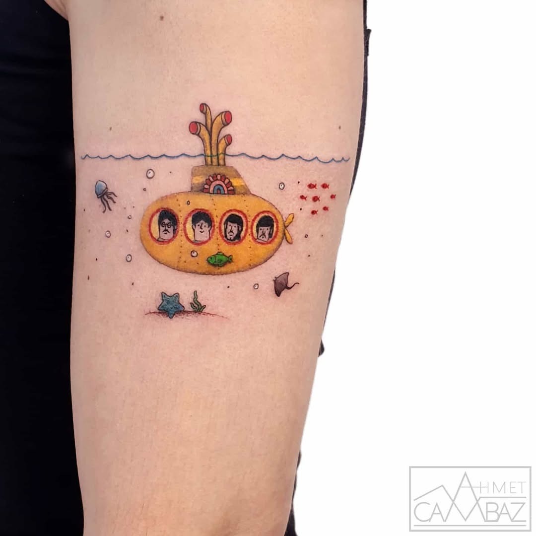 Whimsical submarine tattoo with colorful details Tattoo Design