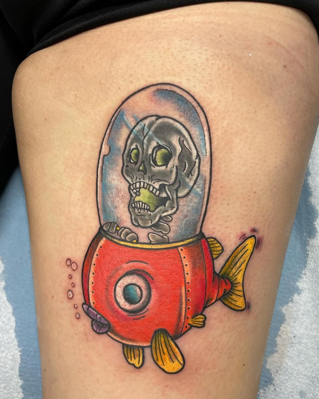 Whimsical submarine tattoo with skeleton pilot Tattoo Design