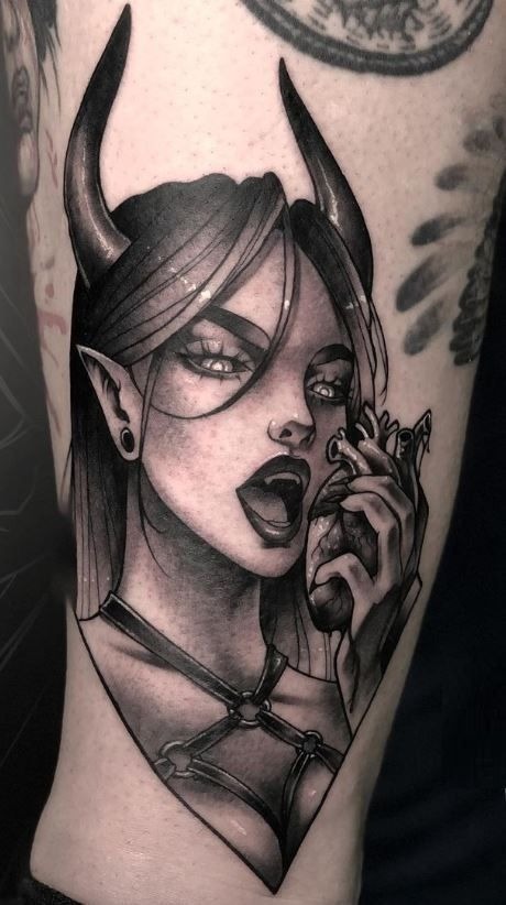 Dark Succubus Portrait with Horns and Fangs Tattoo Design
