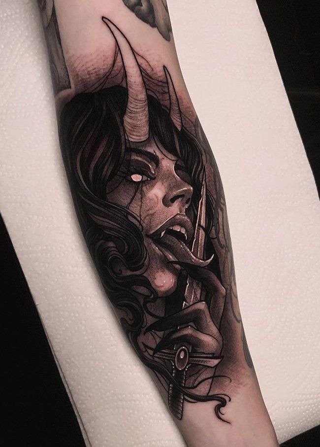 Dark Succubus Portrait with Piercing Eyes and Fangs Tattoo Design