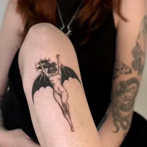 Dark-Winged Succubus in Flight Tattoo Design