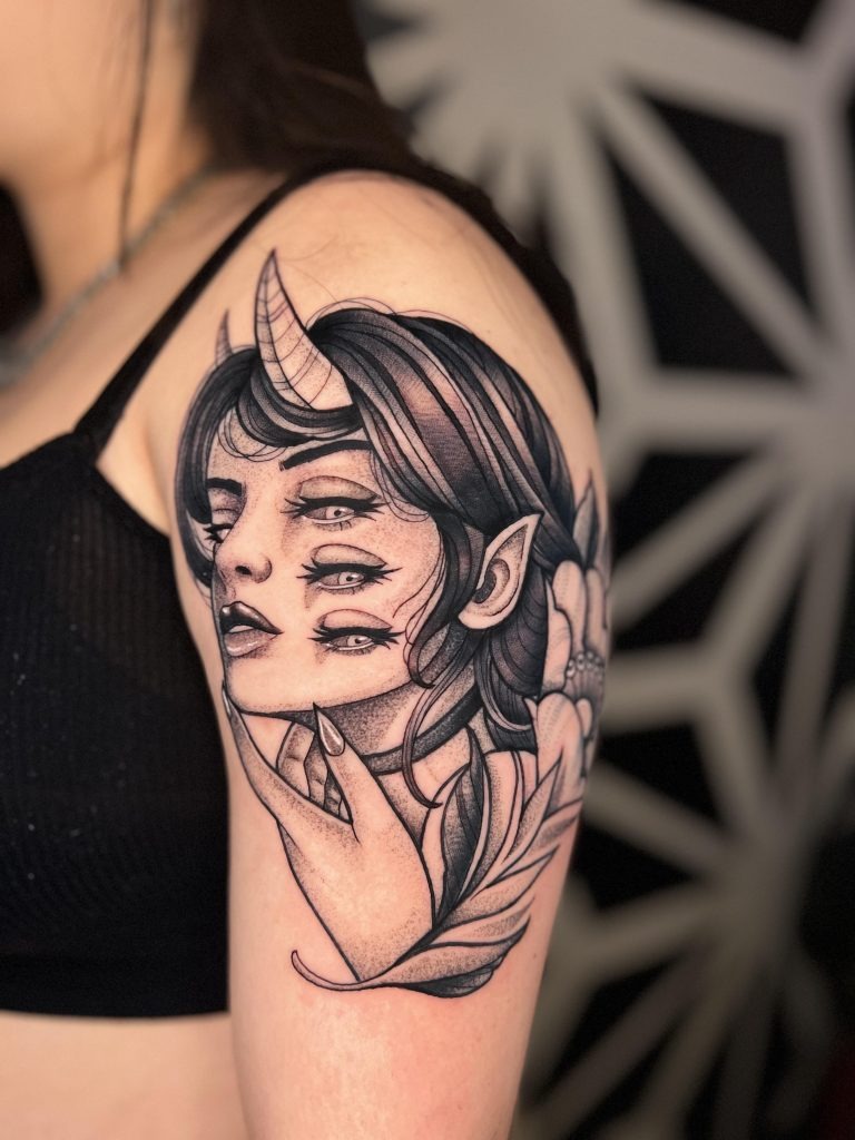 Double-Horned Succubus with Multiple Eyes Tattoo Design