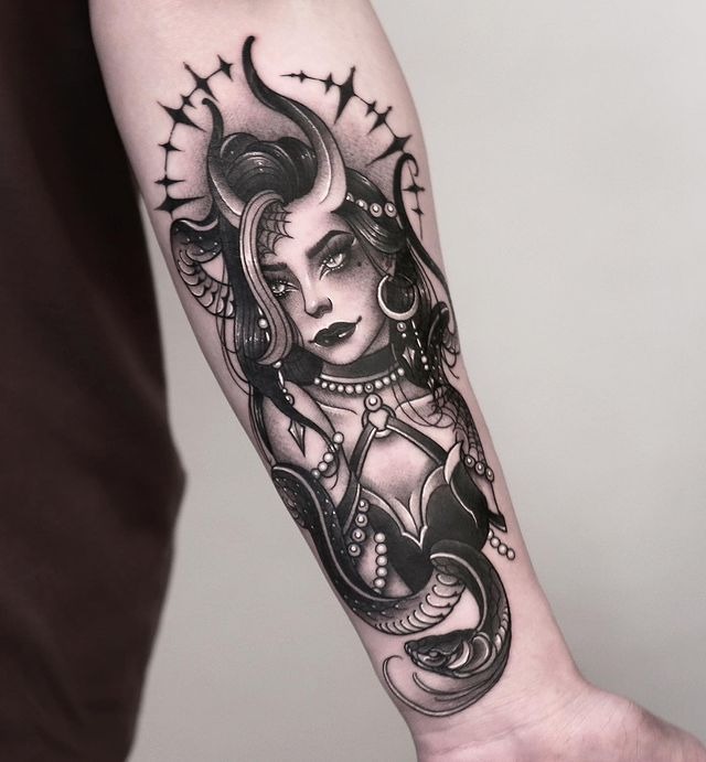 Elegant Succubus Portrait with Celestial Accents Tattoo Design