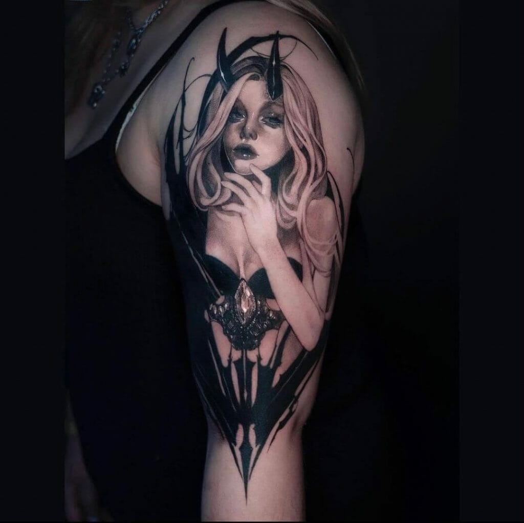 Enigmatic Succubus Portrait with Jewels and Horns Tattoo Design