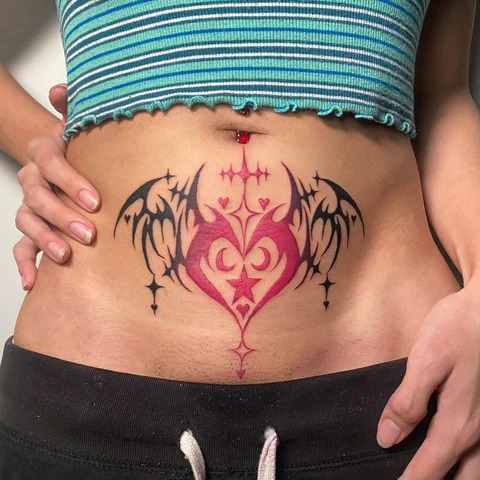 Fiery Red Succubus with Gothic Accents Tattoo Design