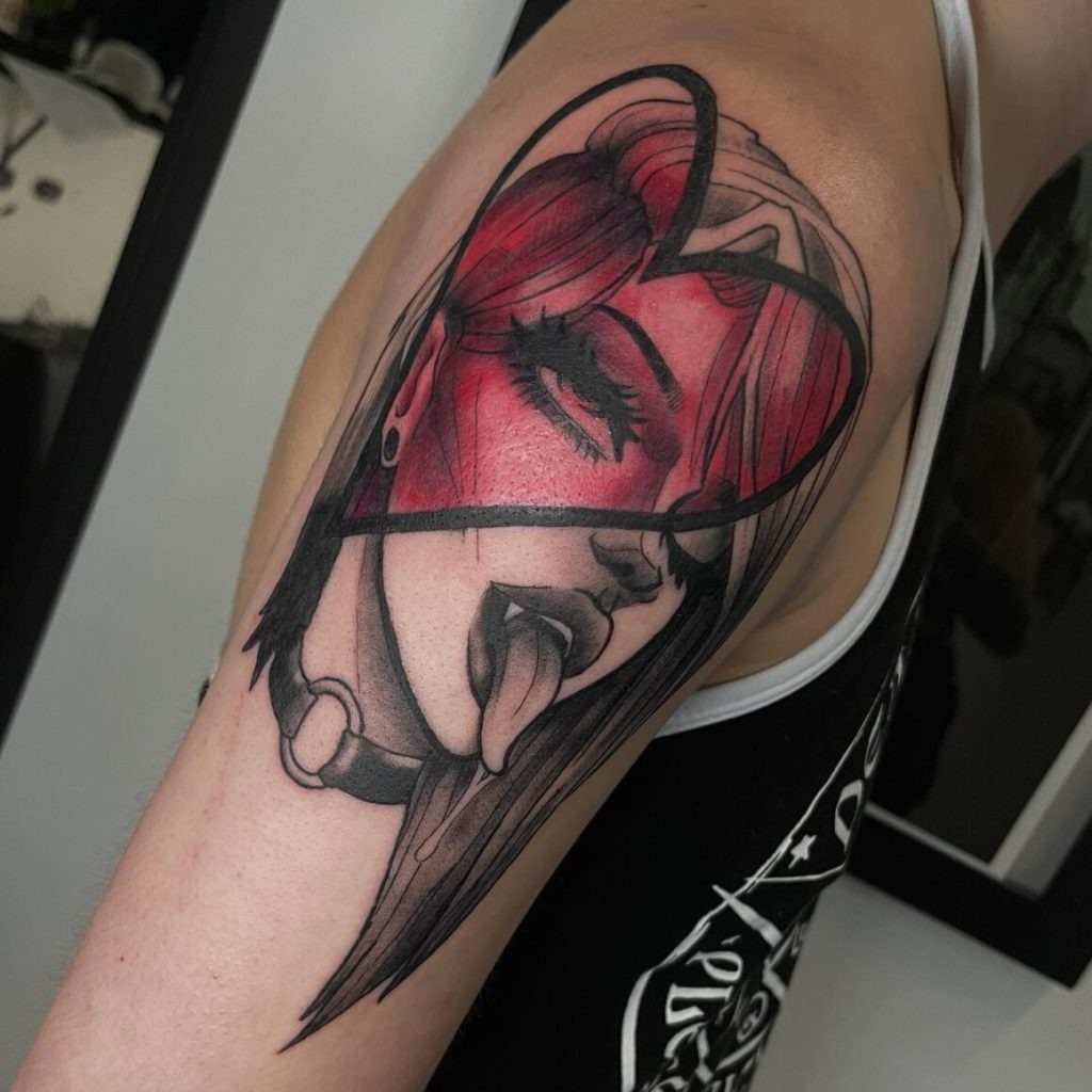 Red-Tinted Succubus with Heart-Shaped Mask Tattoo Design