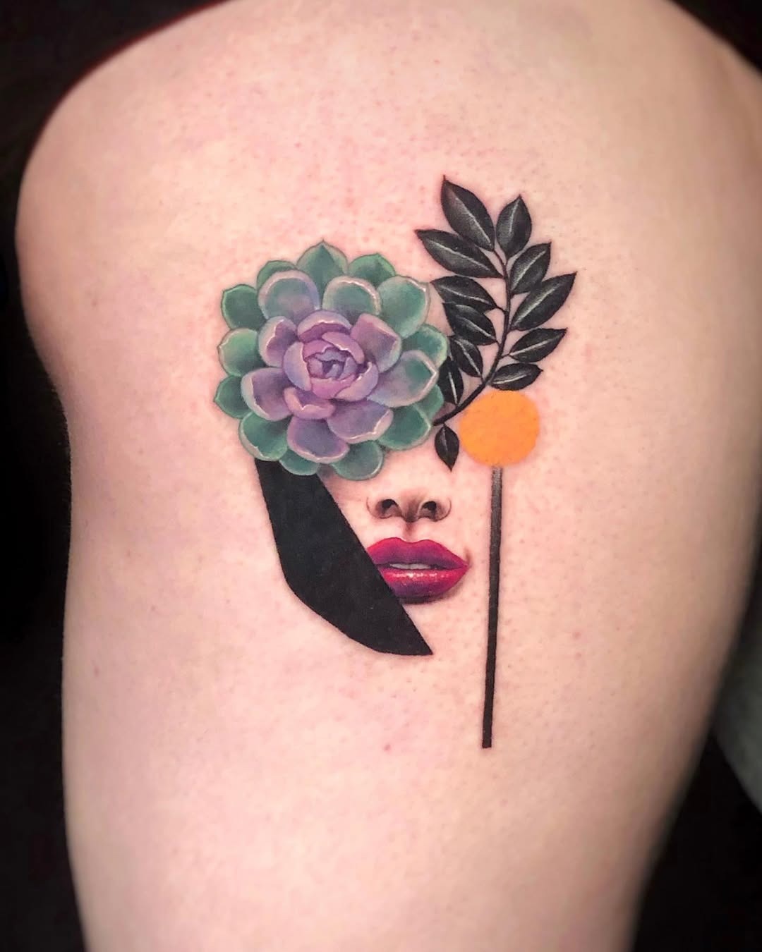 Artistic fusion of face and succulent beauty Tattoo Design