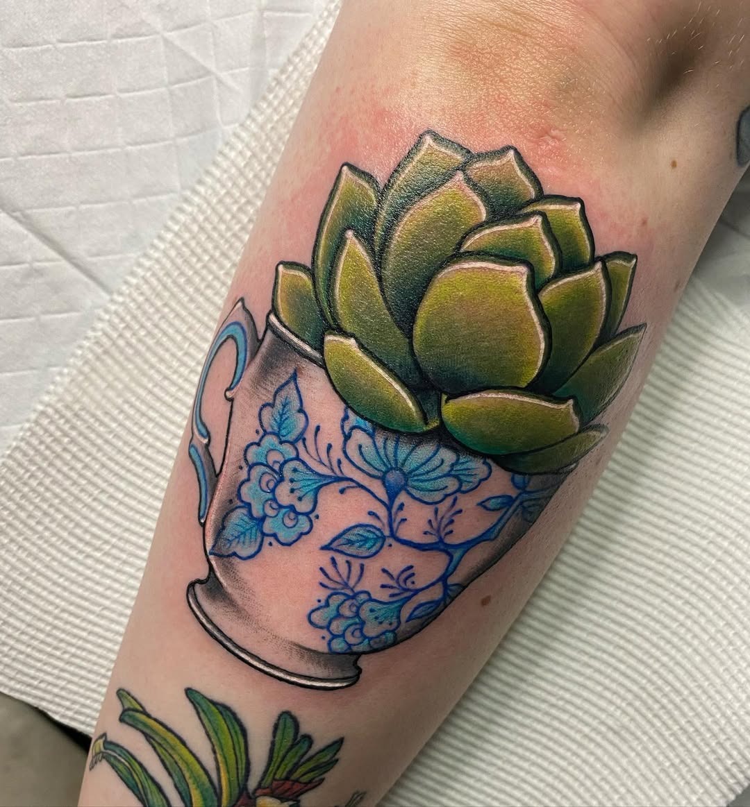 Charming succulent in a teacup tattoo Tattoo Design