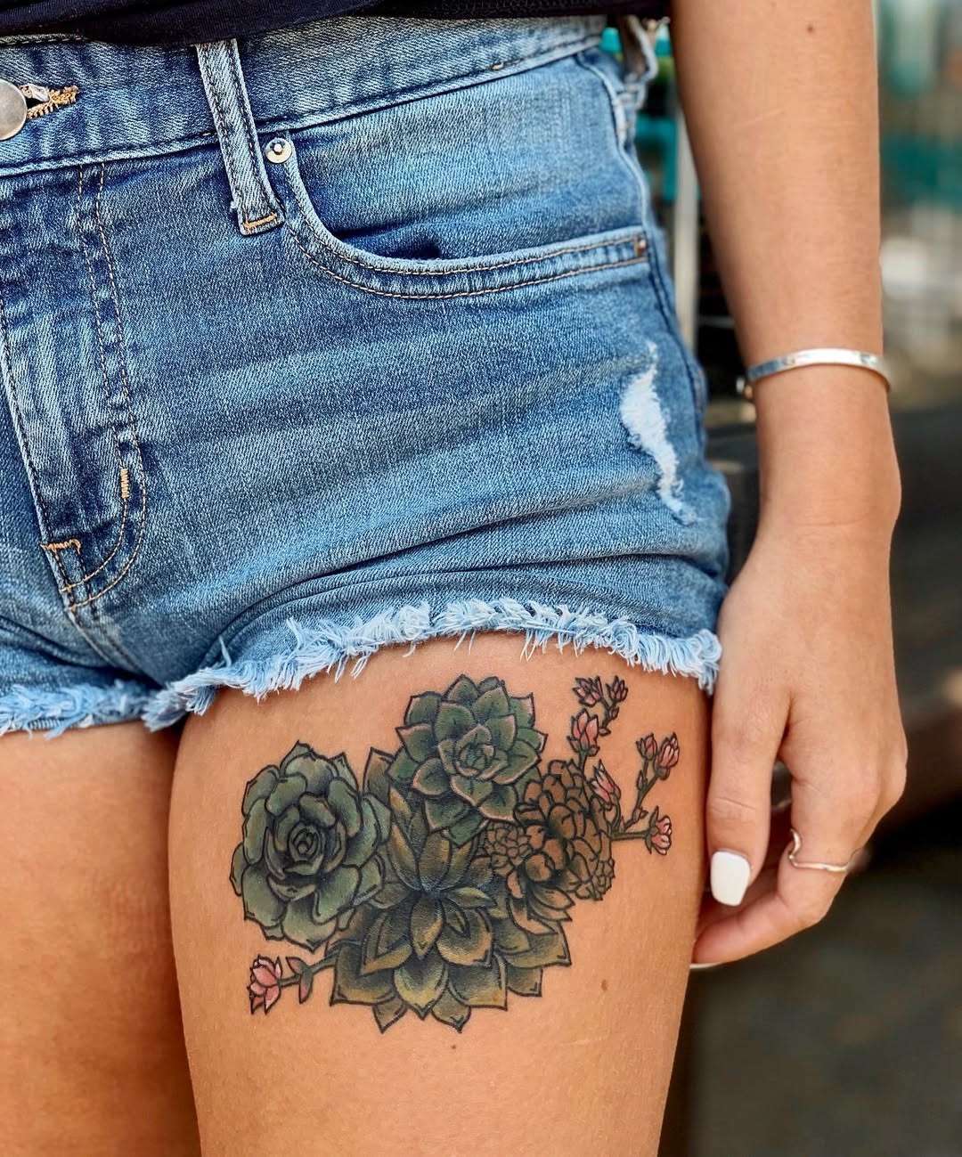 Elegant Floral Succulent Tattoo on Thigh Tattoo Design