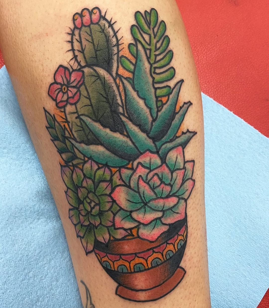 Vibrant succulent and cactus tattoo in a pot Tattoo Design