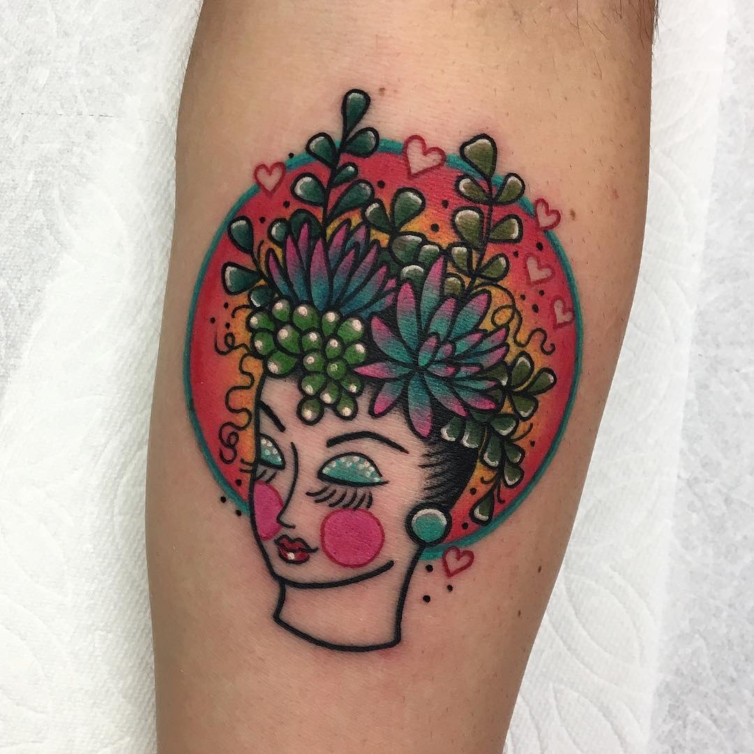 Vibrant Succulent-Inspired Woman Tattoo Design Tattoo Design