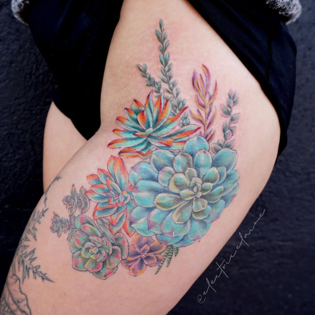 Vibrant succulent tattoo showcasing colorful flora Tattoo Design