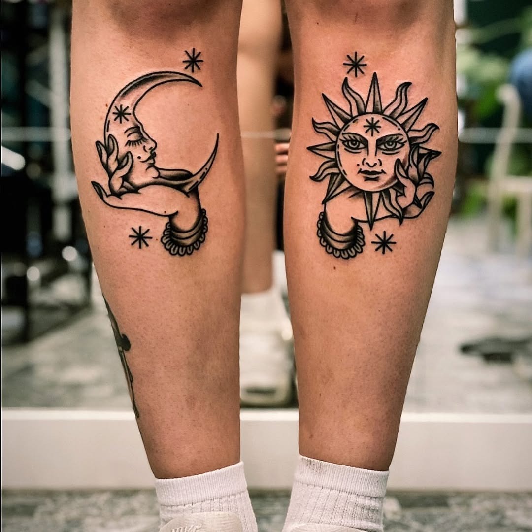 Artful sun and moon hand tattoos on legs Tattoo Design