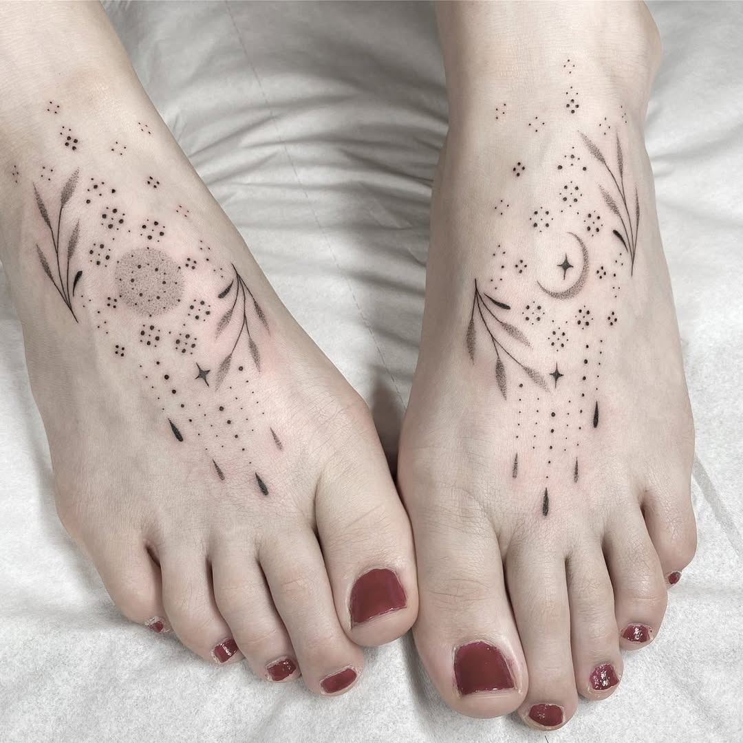 Delicate Sun and Moon Floral Feet Tattoos Tattoo Design