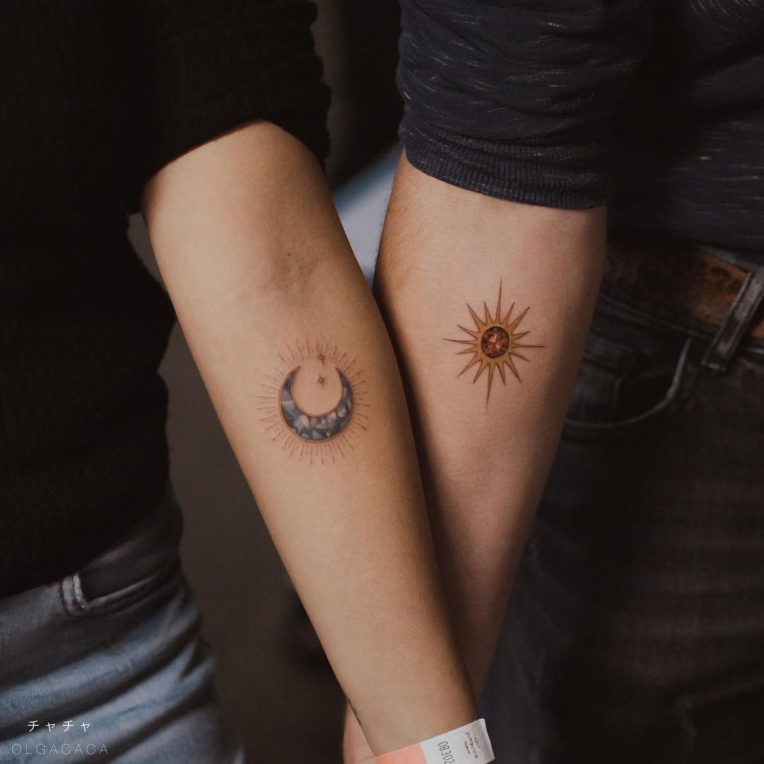 Elegant sun and moon couple tattoos Tattoo Design