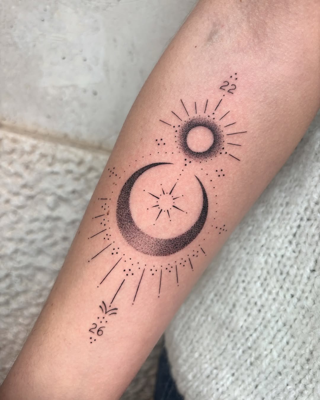 Elegant sun and moon tattoo design with stars Tattoo Design