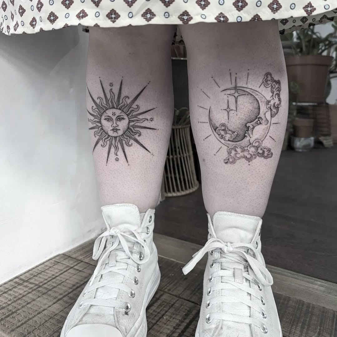 Elegant sun and moon tattoo pair on legs Tattoo Design