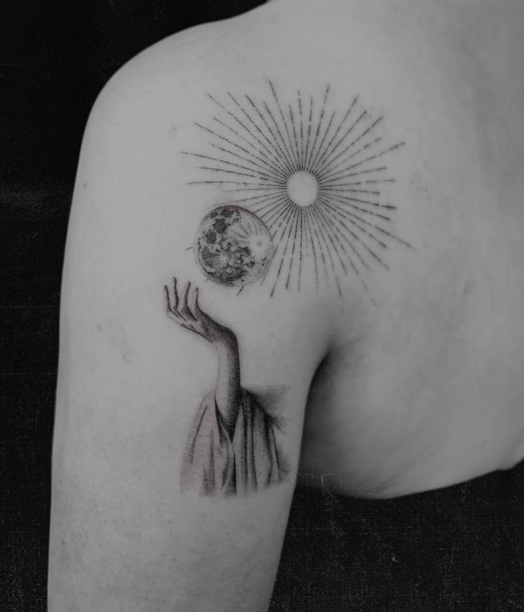Mystical sun and moon with a gentle hand Tattoo Design