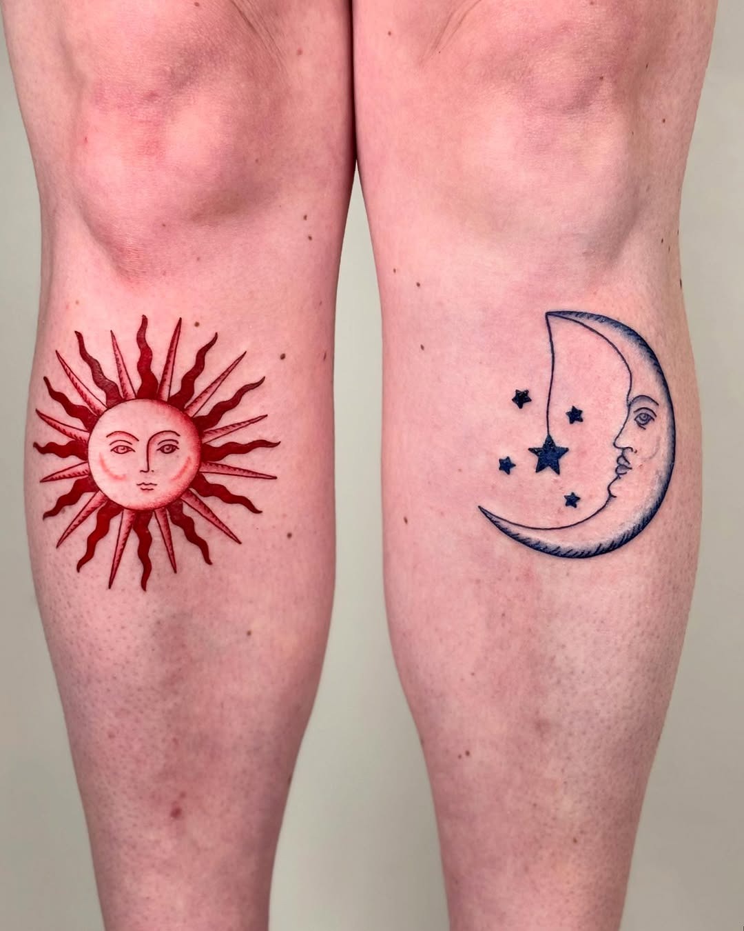 Stunning sun and moon tattoo designs on thighs Tattoo Design