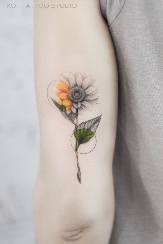 Black and Grey Sunflower Tattoo with Circles of Color Tattoo Design