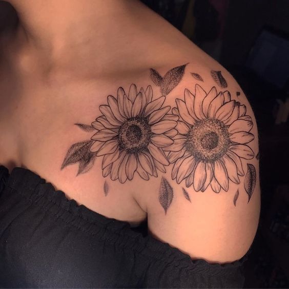 Black and White Sunflower Pair Shoulder Tattoo Tattoo Design