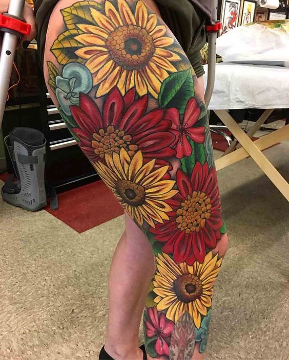 Bold, Vibrant and Colorful Sunflower Leg Tattoo Tattoo Design