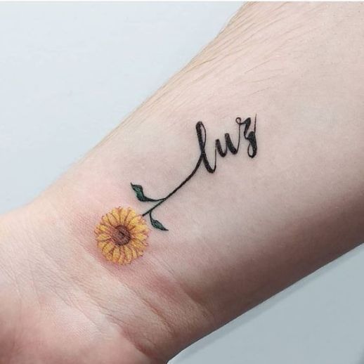 Charming Sunflower Tattoo with Bold Cursive Writing Tattoo Design