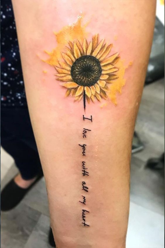 Classic Sunflower Tattoo with Phrase of Love Tattoo Design